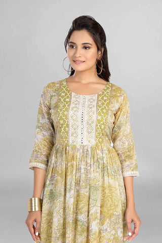 Green Colour Nyra Cut Printed Kurti with Thread Embroidered Neckline Paired With Pant And Dupatta