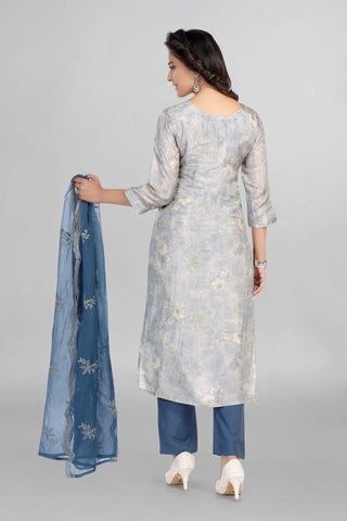 Grey Colour Floral Printed Kurti Paired  With Pant Dupatta