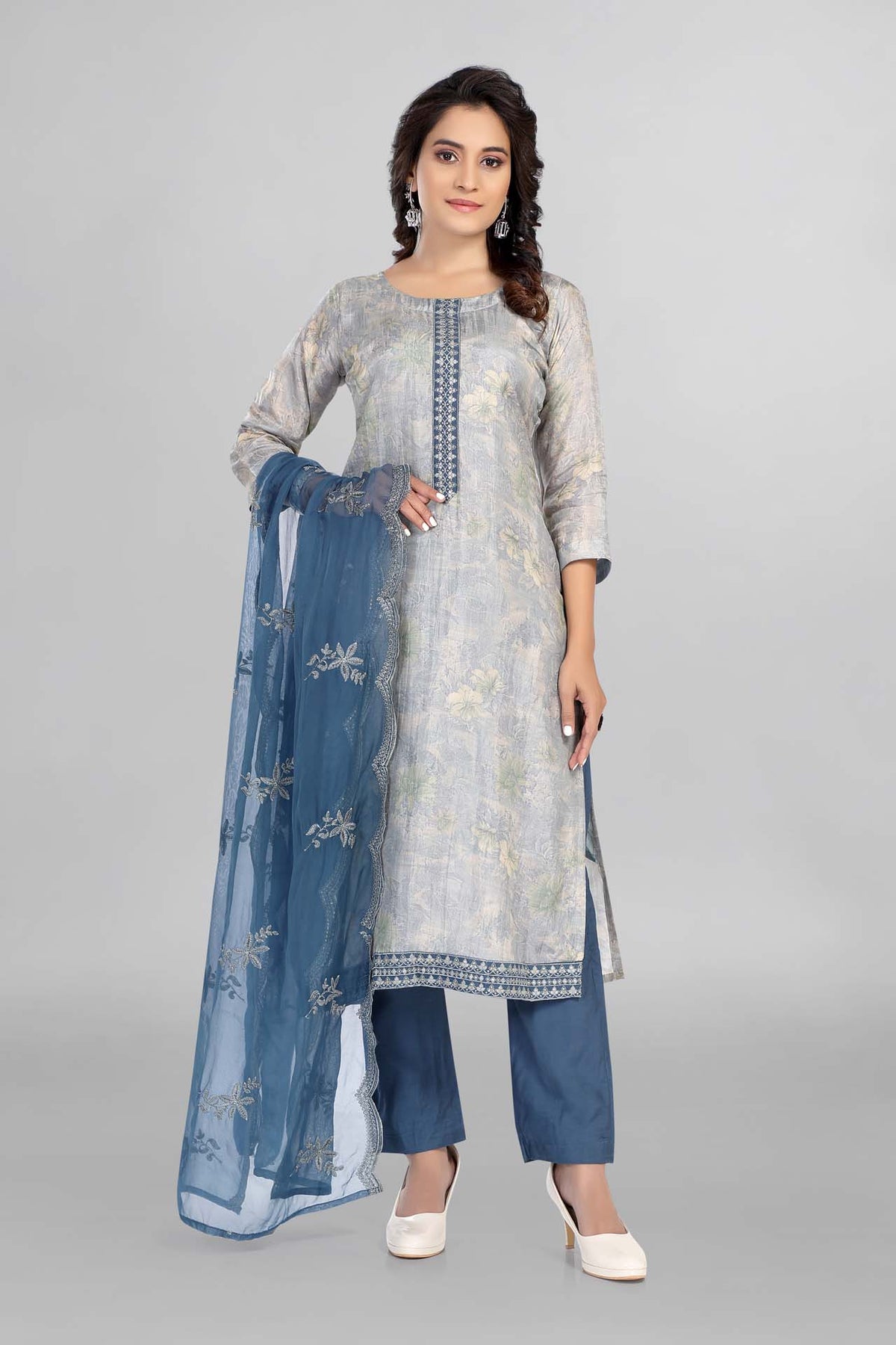 Grey Colour Floral Printed Kurti Paired  With Pant Dupatta