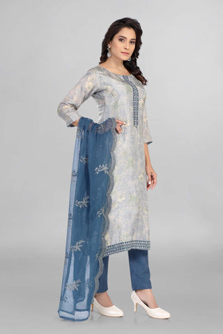 Grey Colour Floral Printed Kurti Paired  With Pant Dupatta