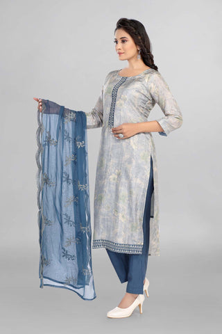 Grey Colour Floral Printed Kurti Paired  With Pant Dupatta