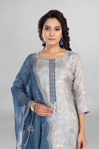 Grey Colour Floral Printed Kurti Paired  With Pant Dupatta