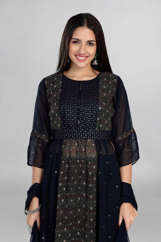 Blue Nayra Cut Elegant Work Kurti Paired With Pant And Dupatta