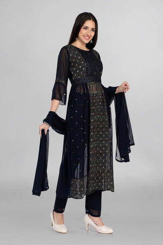 Blue Nayra Cut Elegant Work Kurti Paired With Pant And Dupatta