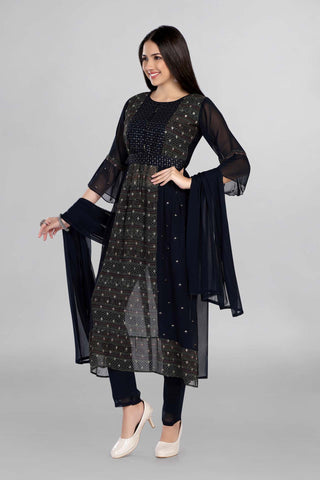 Blue Nayra Cut Elegant Work Kurti Paired With Pant And Dupatta