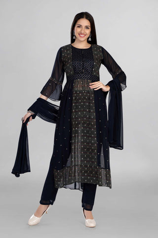 Blue Nayra Cut Elegant Work Kurti Paired With Pant And Dupatta