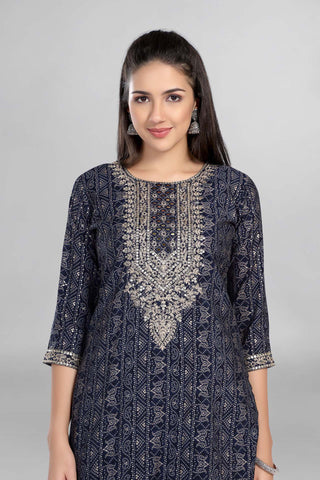 Blue Printed Thread Work Kurti With Beautiful Embroiderd Neck Line Work Paired With Plain Pant And Matching Dupatta