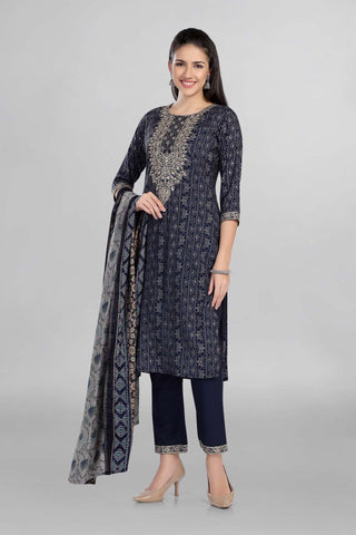 Blue Printed Thread Work Kurti With Beautiful Embroiderd Neck Line Work Paired With Plain Pant And Matching Dupatta