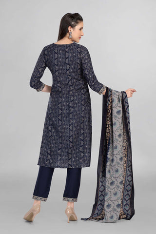 Blue Printed Thread Work Kurti With Beautiful Embroiderd Neck Line Work Paired With Plain Pant And Matching Dupatta