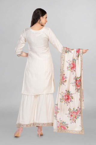 Beautiful Off White Colour Gotta Work Kurti With Gharara Paired With Digital Floral Print Dupatta