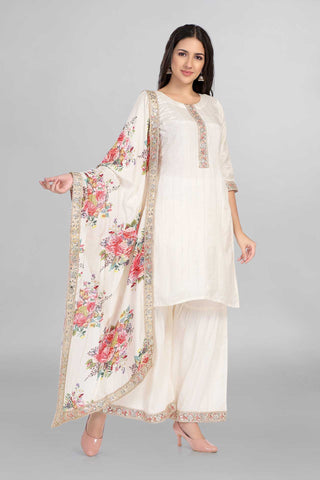 Beautiful Off White Colour Gotta Work Kurti With Gharara Paired With Digital Floral Print Dupatta