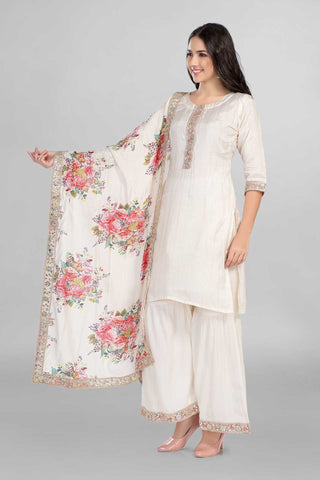 Beautiful Off White Colour Gotta Work Kurti With Gharara Paired With Digital Floral Print Dupatta