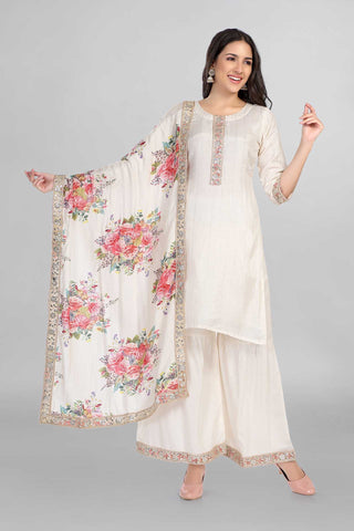 Beautiful Off White Colour Gotta Work Kurti With Gharara Paired With Digital Floral Print Dupatta