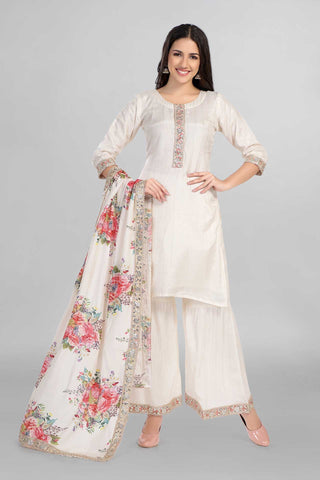 Beautiful Off White Colour Gotta Work Kurti With Gharara Paired With Digital Floral Print Dupatta