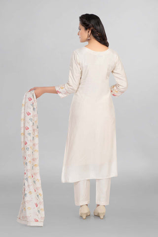 Cream Colour Muslin Kurti Paired With Pant And Dupatta