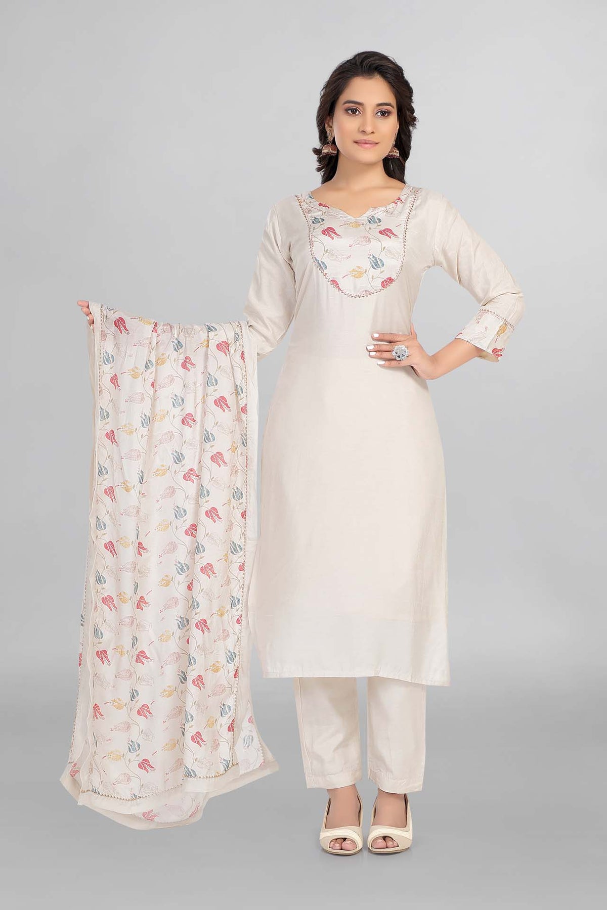 Cream Colour Muslin Kurti Paired With Pant And Dupatta