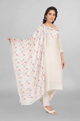 Cream Colour Muslin Kurti Paired With Pant And Dupatta