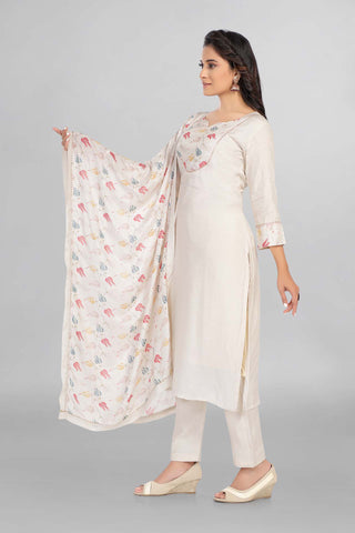 Cream Colour Muslin Kurti Paired With Pant And Dupatta