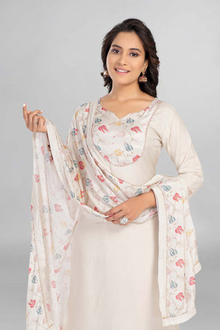 Cream Colour Muslin Kurti Paired With Pant And Dupatta