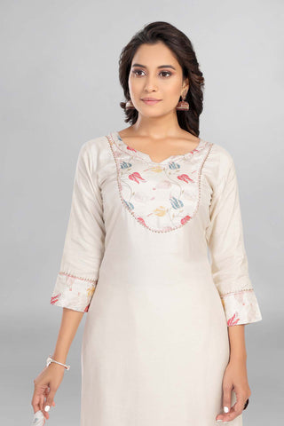 Cream Colour Muslin Kurti Paired With Pant And Dupatta