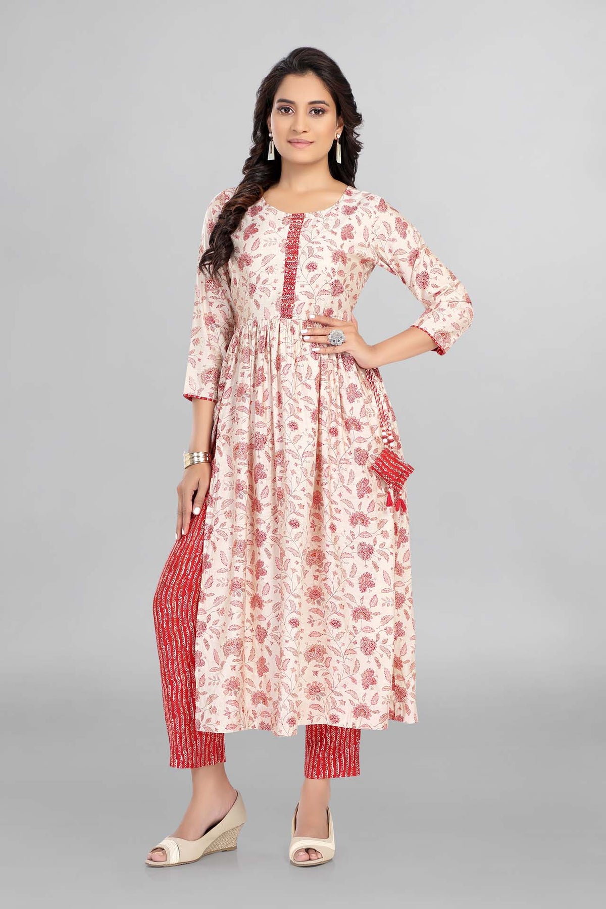 Off White Colour Anarkali Kurti Paired With Pant