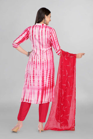 Pink Colour Tie And Dye Kurti Paired With Pant And Dupatta