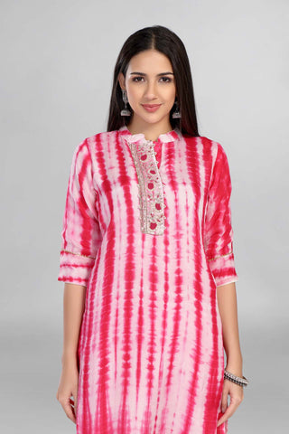 Pink Colour Tie And Dye Kurti Paired With Pant And Dupatta