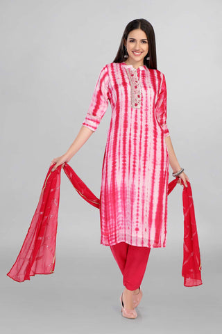 Pink Colour Tie And Dye Kurti Paired With Pant And Dupatta