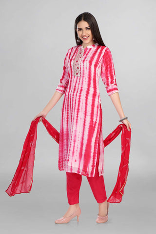 Pink Colour Tie And Dye Kurti Paired With Pant And Dupatta