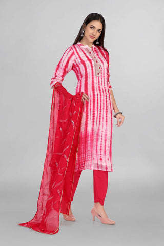 Pink Colour Tie And Dye Kurti Paired With Pant And Dupatta