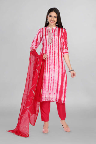 Pink Colour Tie And Dye Kurti Paired With Pant And Dupatta