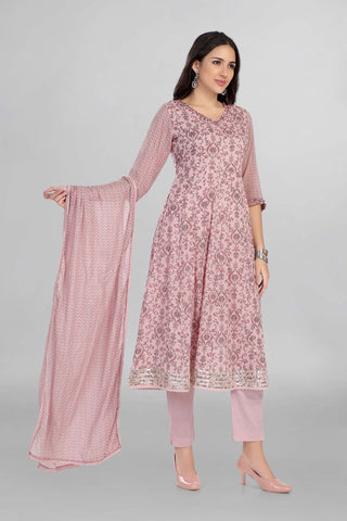 Casual Wear Cotton Anarkali Floral Kurti Paired With Pant and Printd Dupatta