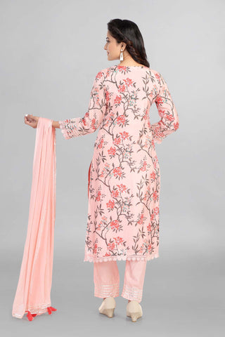 Pink Colour Gotta Neckline Kurti Paired With Pant And Dupatta