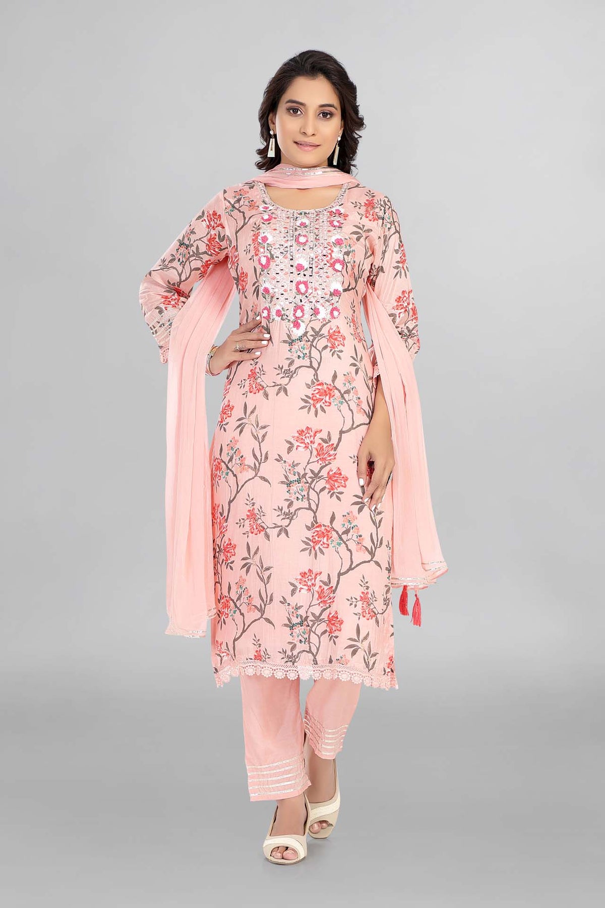 Pink Colour Gotta Neckline Kurti Paired With Pant And Dupatta