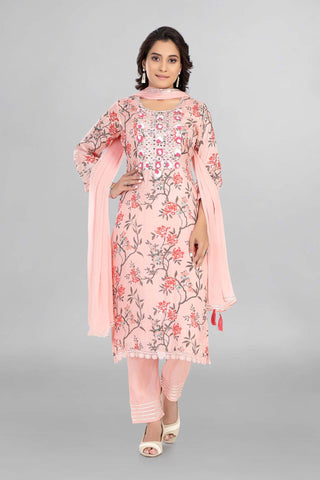 Pink Colour Gotta Neckline Kurti Paired With Pant And Dupatta