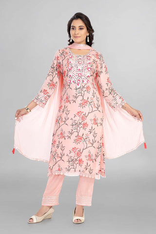 Pink Colour Gotta Neckline Kurti Paired With Pant And Dupatta