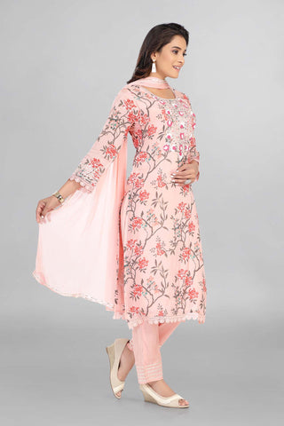 Pink Colour Gotta Neckline Kurti Paired With Pant And Dupatta