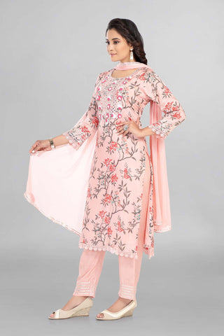 Pink Colour Gotta Neckline Kurti Paired With Pant And Dupatta