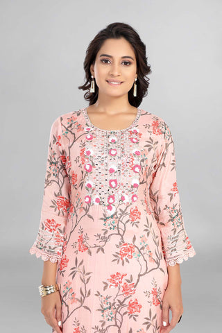 Pink Colour Gotta Neckline Kurti Paired With Pant And Dupatta