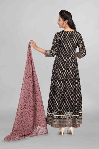 Black Colour Printed Anarkali With Dupatta