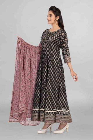 Black Colour Printed Anarkali With Dupatta