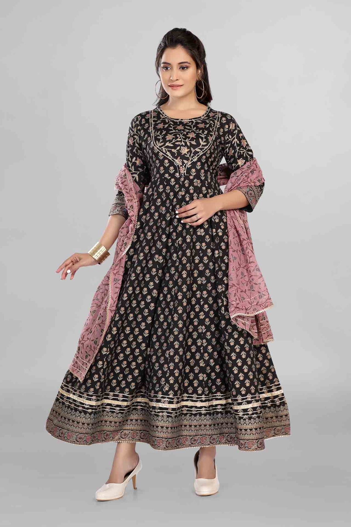 Black Colour Printed Anarkali With Dupatta