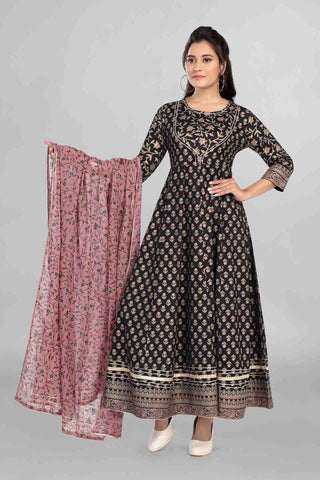 Black Colour Printed Anarkali With Dupatta