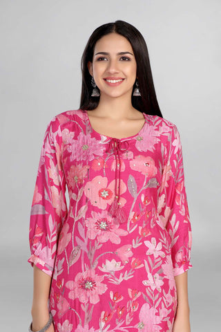 Pink Colour Floral Print With Up Down Kurti Paired With Pant