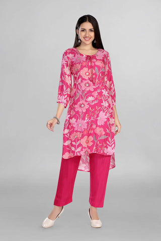 Pink Colour Floral Print With Up Down Kurti Paired With Pant