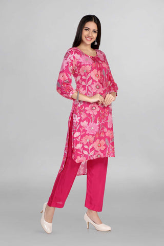 Pink Colour Floral Print With Up Down Kurti Paired With Pant