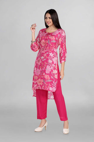 Pink Colour Floral Print With Up Down Kurti Paired With Pant