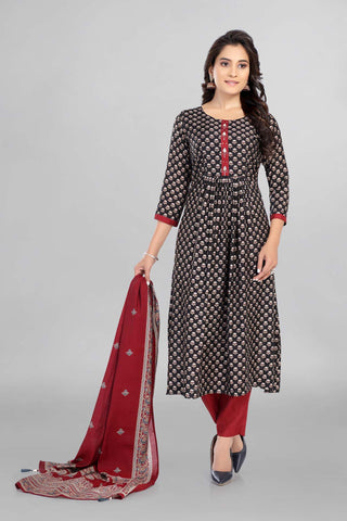 Black Colour Printed Kurti Paired With Pant And Dupatta