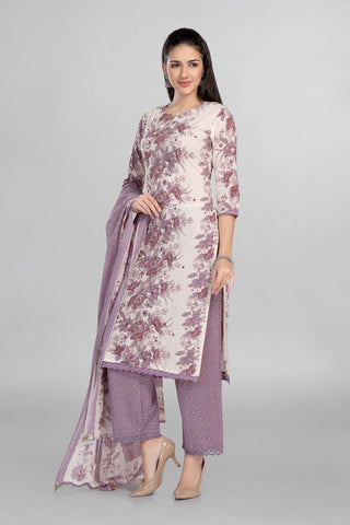 Lavender Colour Floral Casual Wear Kurti Paired With Pant And Dupatta