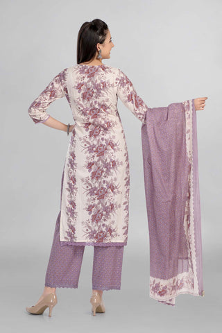 Lavender Colour Floral Casual Wear Kurti Paired With Pant And Dupatta